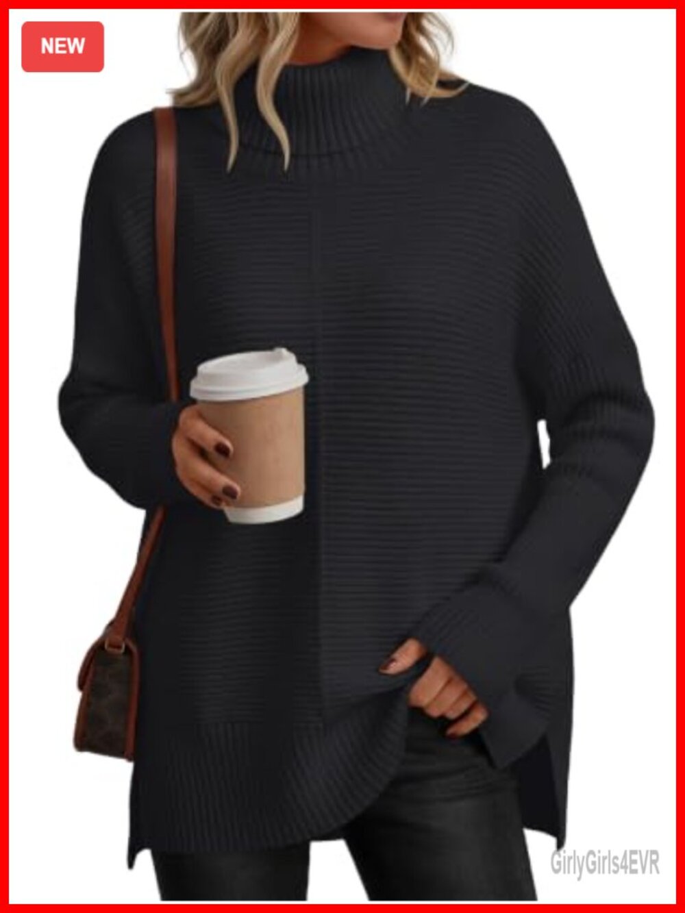 Oversized Turtleneck Sweater High Low Hem Tunic Pullover